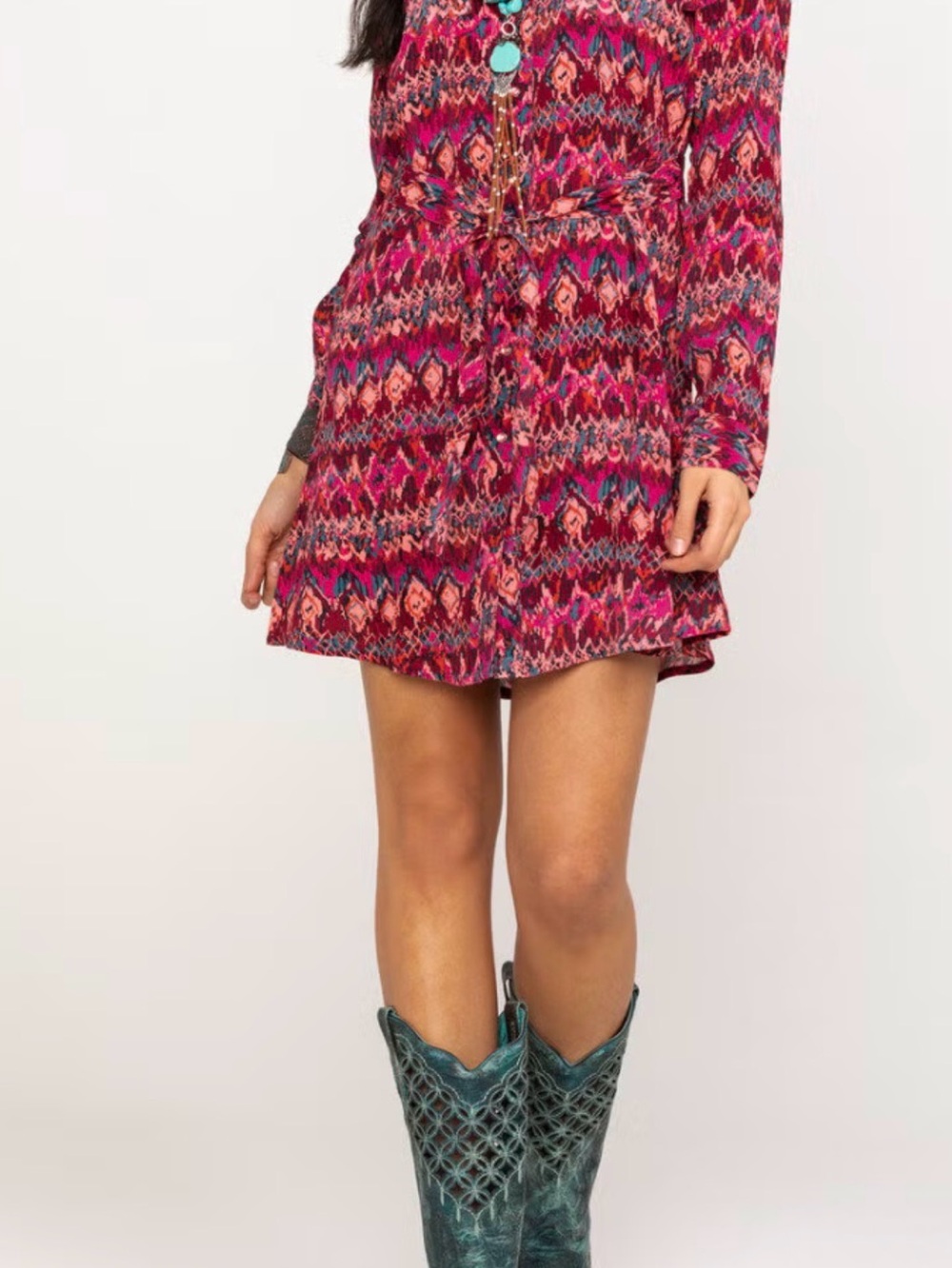 Roper Bohemian Western Geometric Print Dress - Pink & Blue s